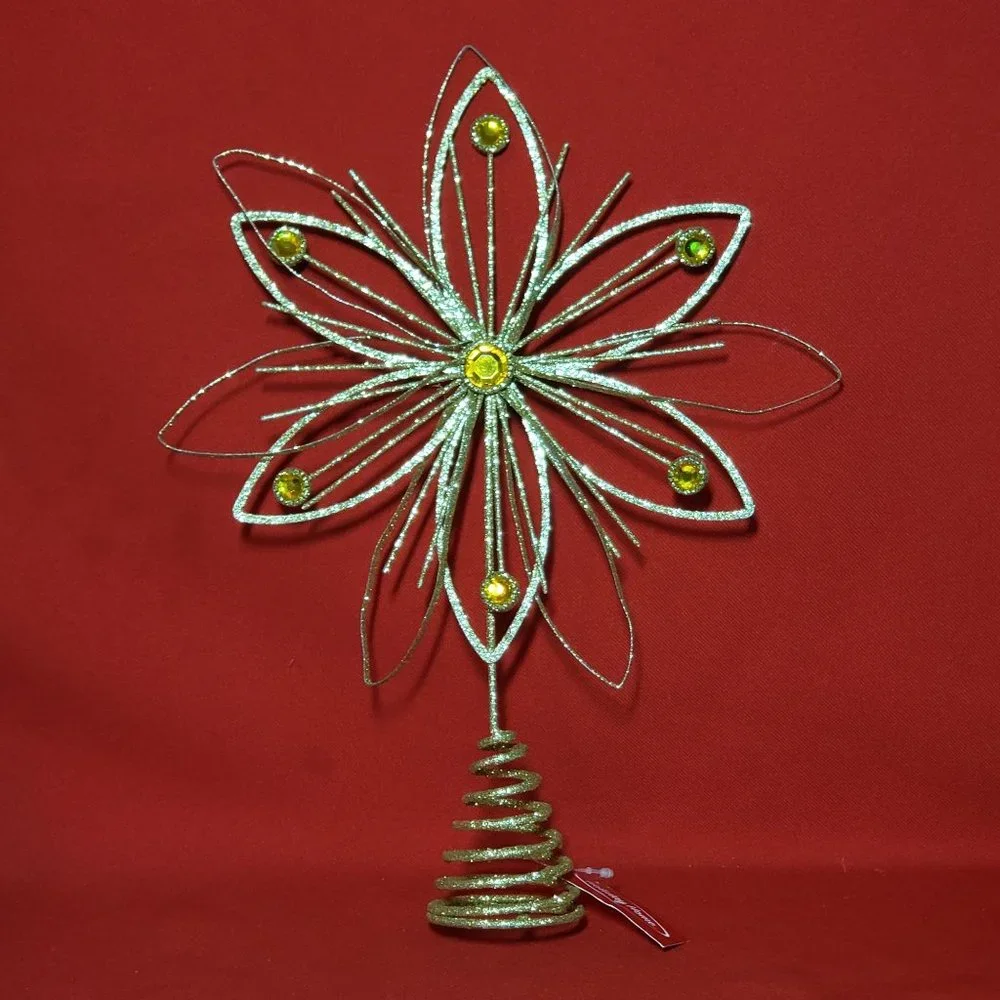 Holiday Home Jewel Flower Tree Topper Gold Glitter Sparkling Metal Wire Star Flo